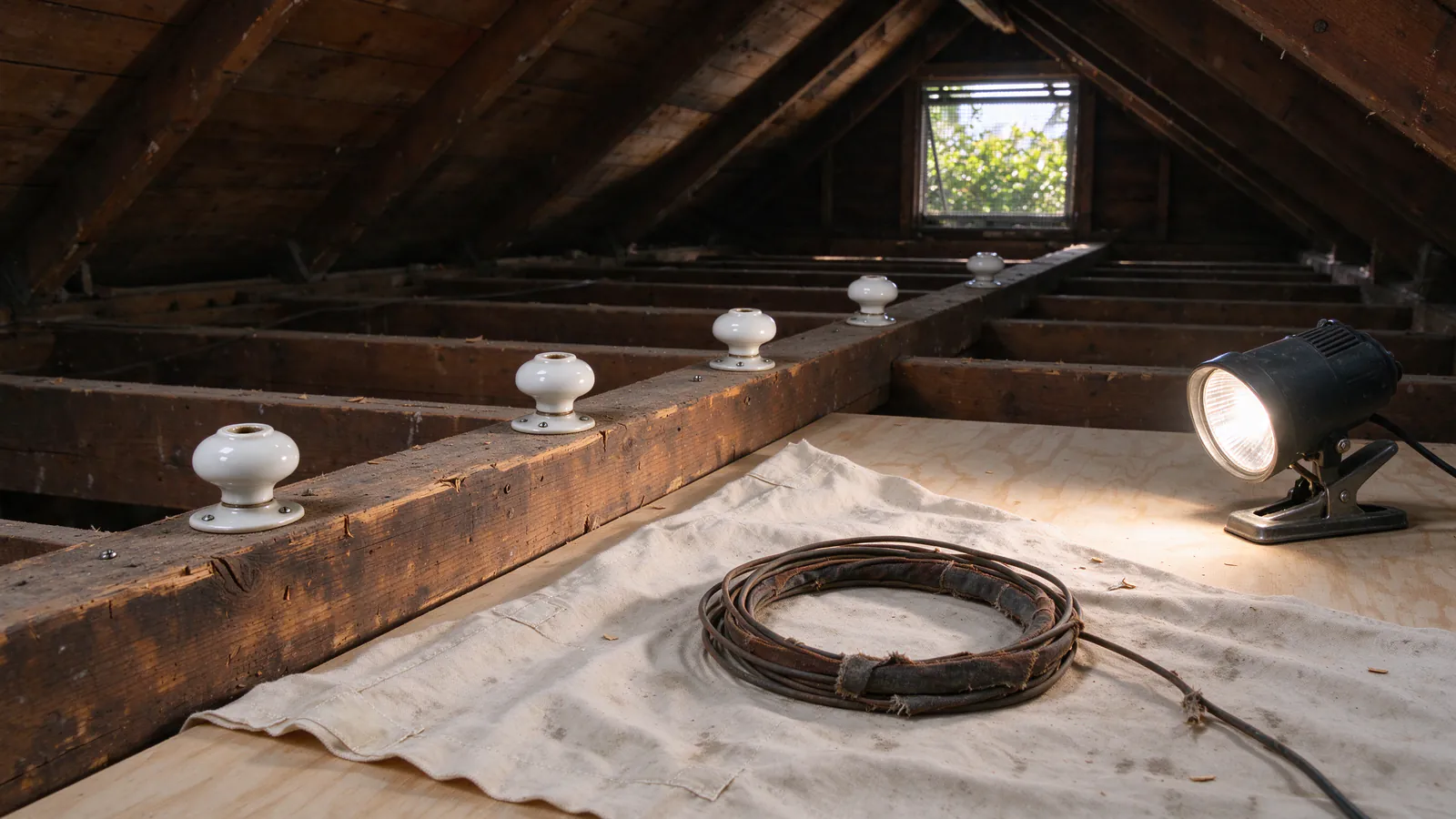 An attic with removed cloth-covered wire coiled on a drop cloth beside a row of empty porcelain knobs still nailed to a joist
