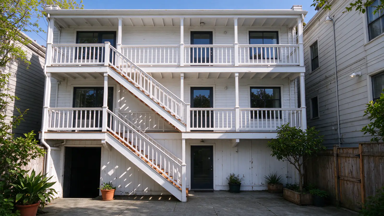 The back of a San Francisco flat building with stacked wooden rear porches and stairs on a sunny day