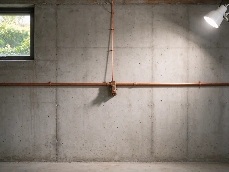 A bare copper grounding wire running down a basement wall to a bronze clamp on a copper water pipe
