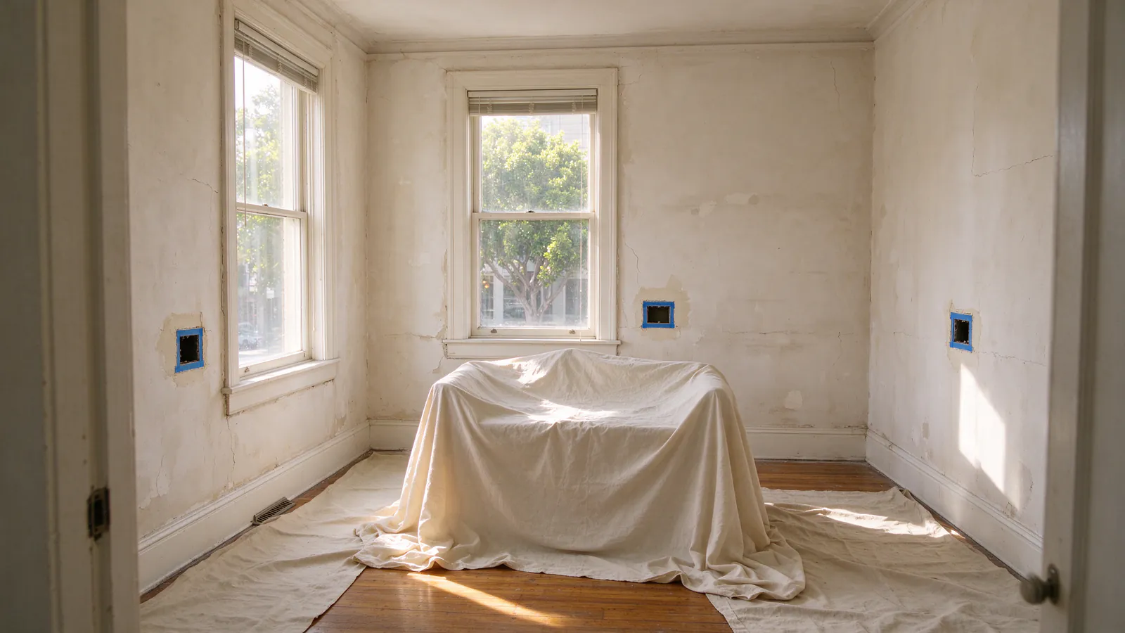A bedroom during rewiring with furniture under a sheet and three small taped openings at outlet height
