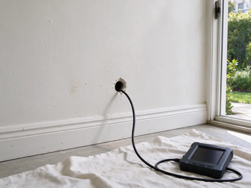 A borescope cable fed through a small hole in a plaster wall, its handheld unit on a drop cloth