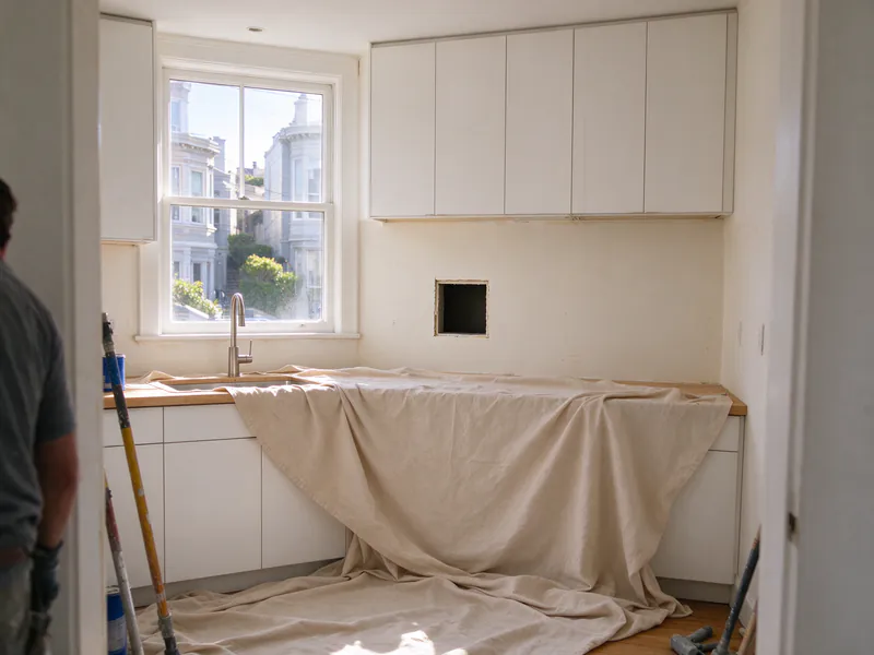 A bright kitchen in a flat above a storefront with drop cloths down during rewiring