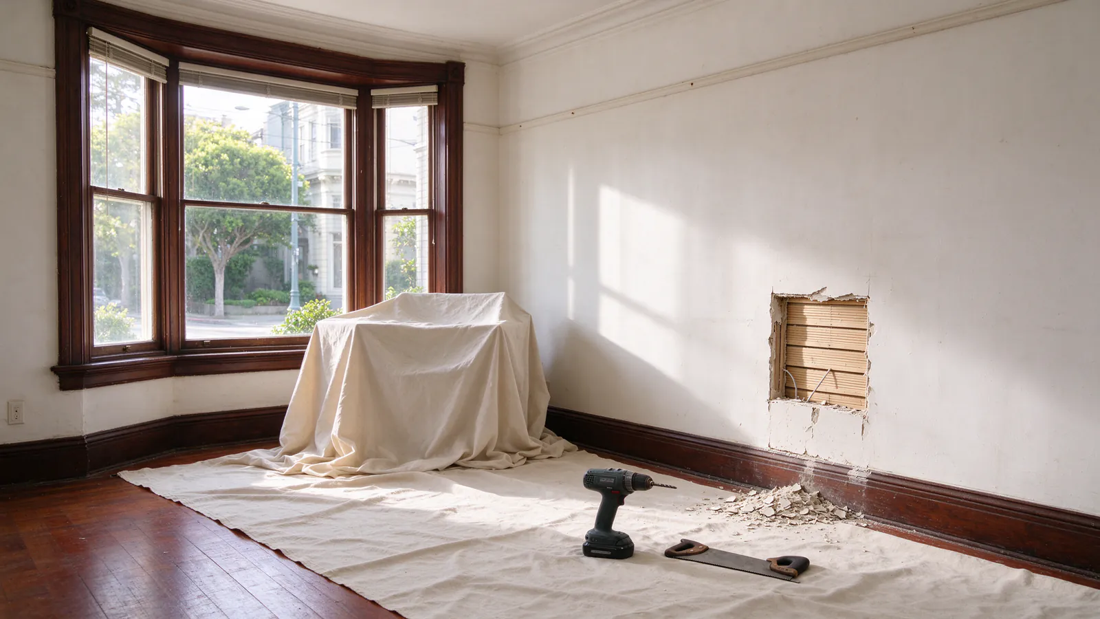 A bright Victorian parlor with a small rectangular opening cut in the plaster wall near the baseboard and a drop cloth on the floor