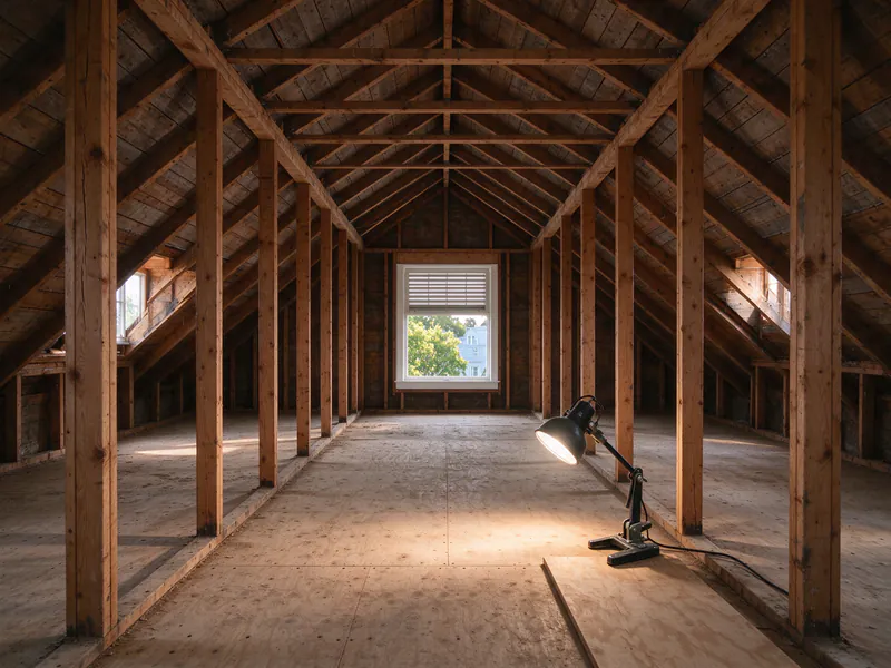 A cleared attic with no wiring left on the framing and a work light on the floor