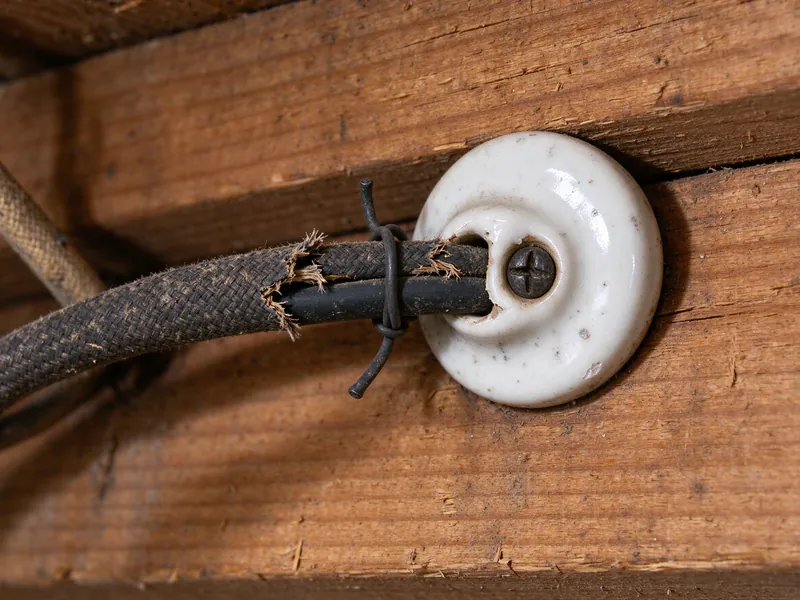 Close view of cracked, brittle cloth insulation on an old conductor beside a porcelain knob