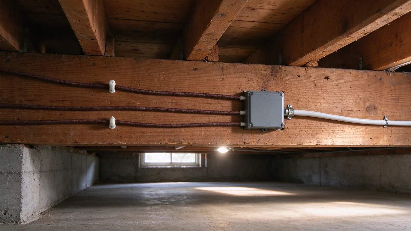 Cloth-covered knob and tube conductors and a white modern cable meeting at a junction box on a basement beam