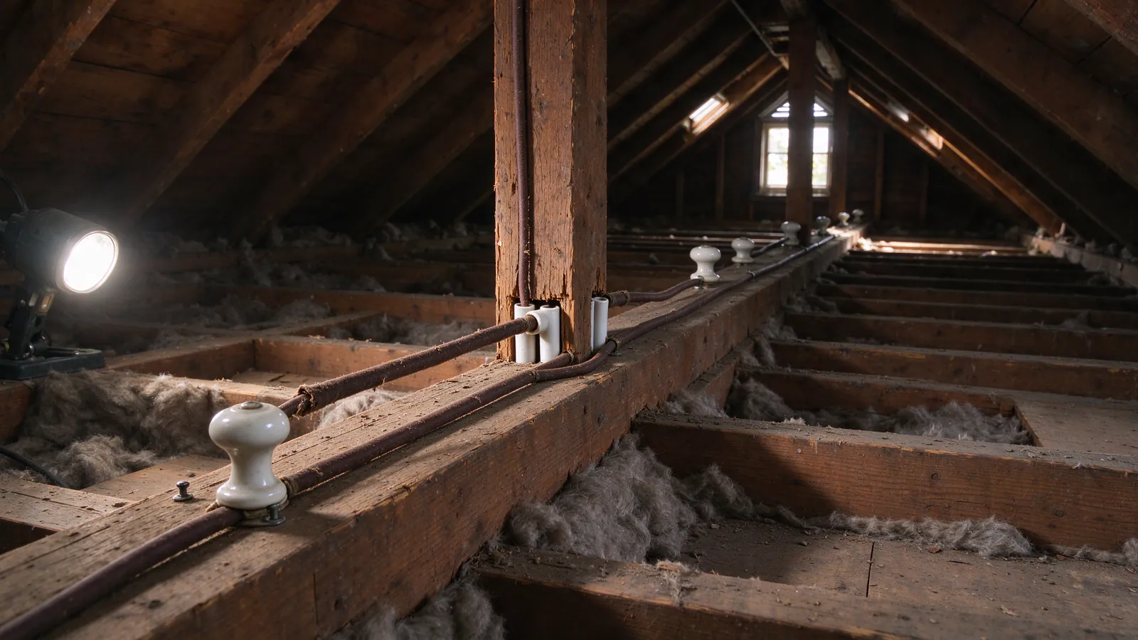 Cloth-insulated wires on white porcelain knobs along an attic joist