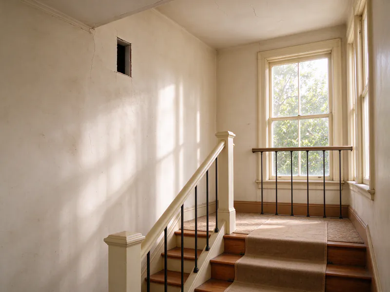 The common stair hall of a San Francisco flat building with a canvas runner on the treads during rewiring