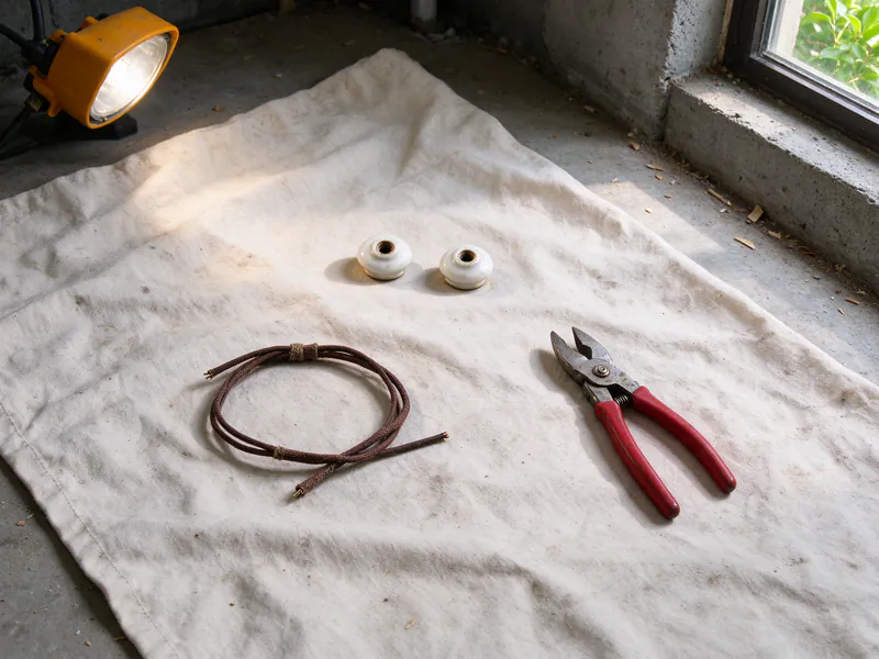 A cut length of old cloth-covered wire, two porcelain knobs and wire cutters on a drop cloth