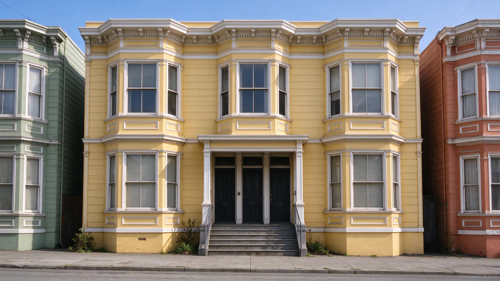 An Edwardian flat building in San Francisco's Mission District with stacked bay windows and three front doors at the top of a shared stair