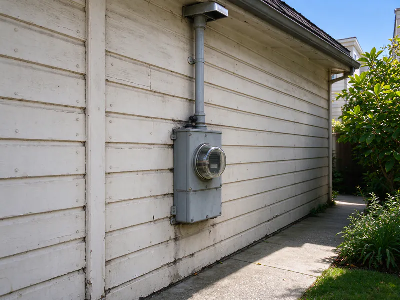 An electric meter and service mast on the painted wood side wall of an older San Francisco house