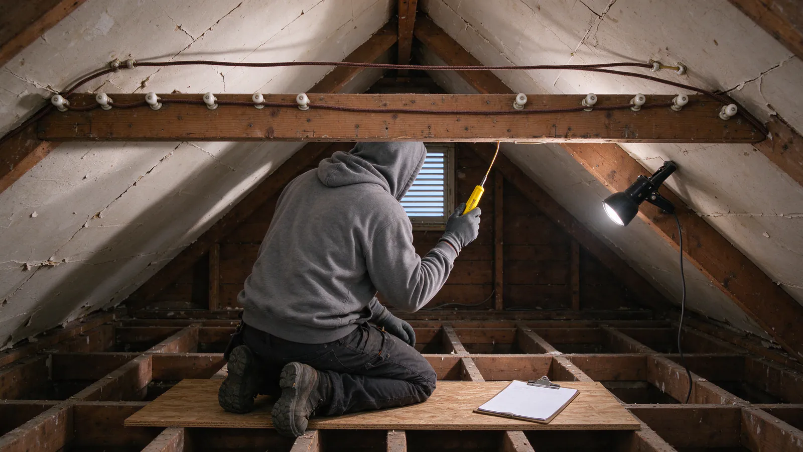 An electrician in a hooded sweatshirt seen from behind in an attic, testing cloth-covered wires on porcelain knobs, with a clipboard on a plywood board