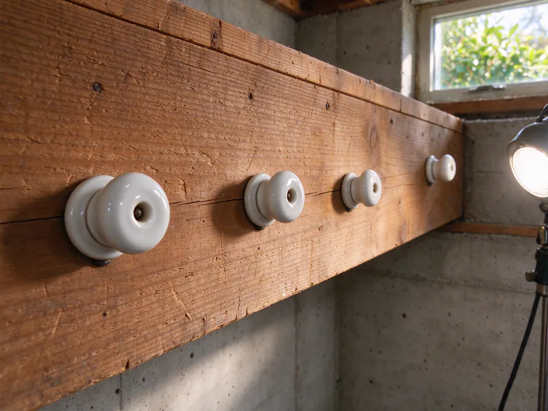 Empty white porcelain knobs still nailed to a basement joist after the old wire was taken out
