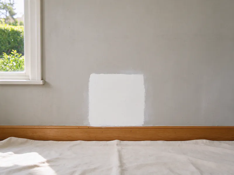 A freshly patched rectangle of white plaster near a baseboard, sanded smooth and waiting for paint