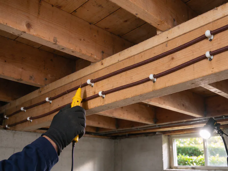 A gloved hand holding a yellow voltage tester to cloth-covered wires on porcelain knobs along a basement beam