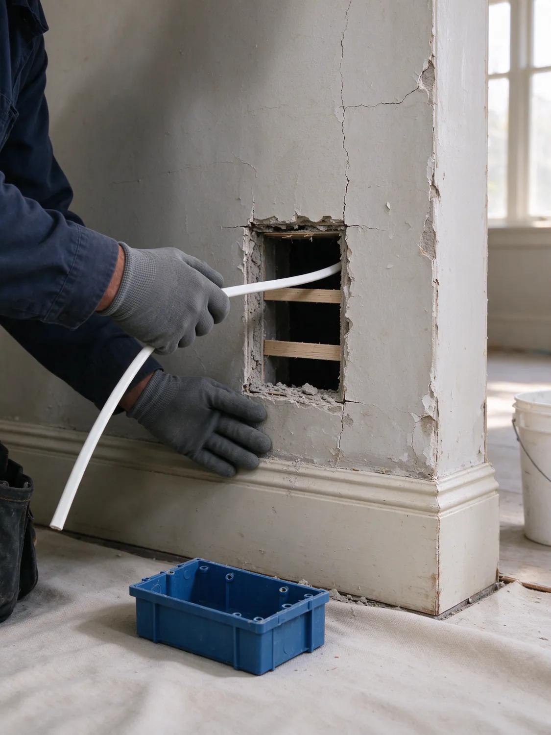 Gloved hands pulling a new white cable out of a small opening cut in a plaster wall above the baseboard