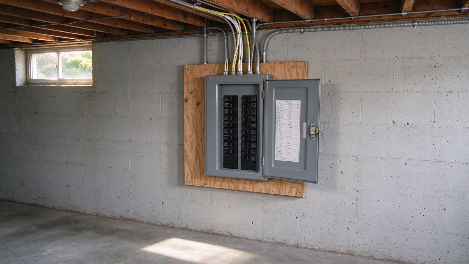 A gray breaker panel with its door open on a plywood backboard in a bright concrete basement