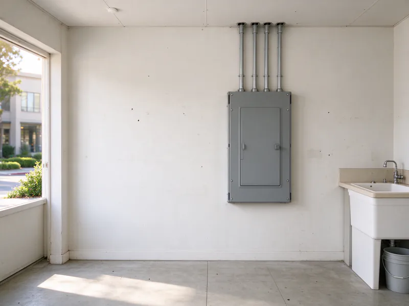 A gray breaker panel with metal conduit entering its top in the back room of a small shop
