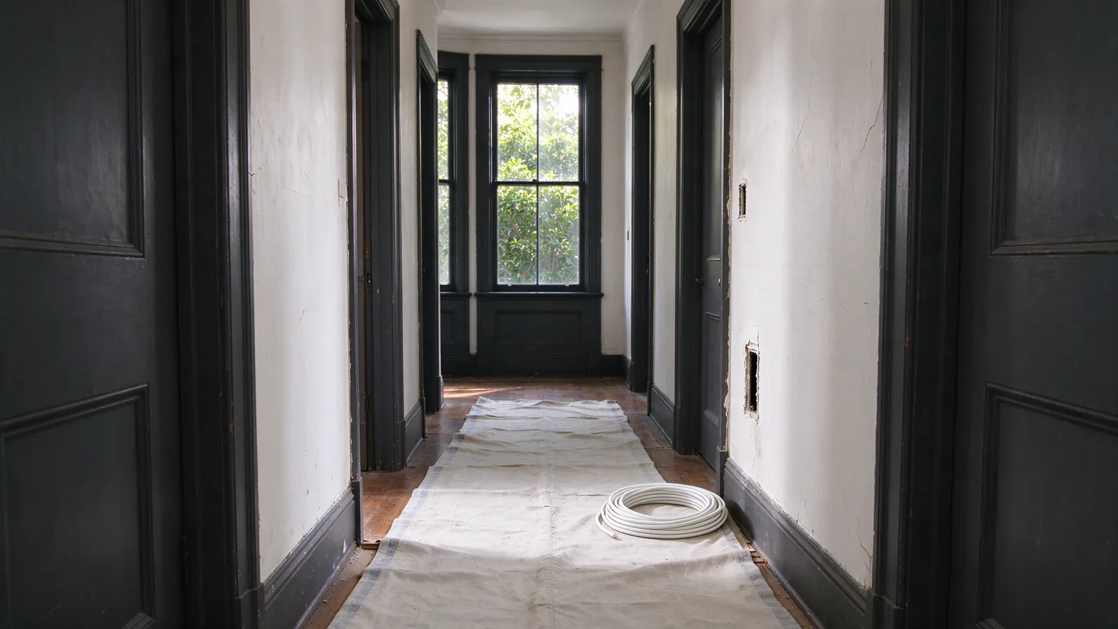 The hallway of an Edwardian flat during rewiring, with drop cloths, a small opening at a switch location and a coil of new white cable