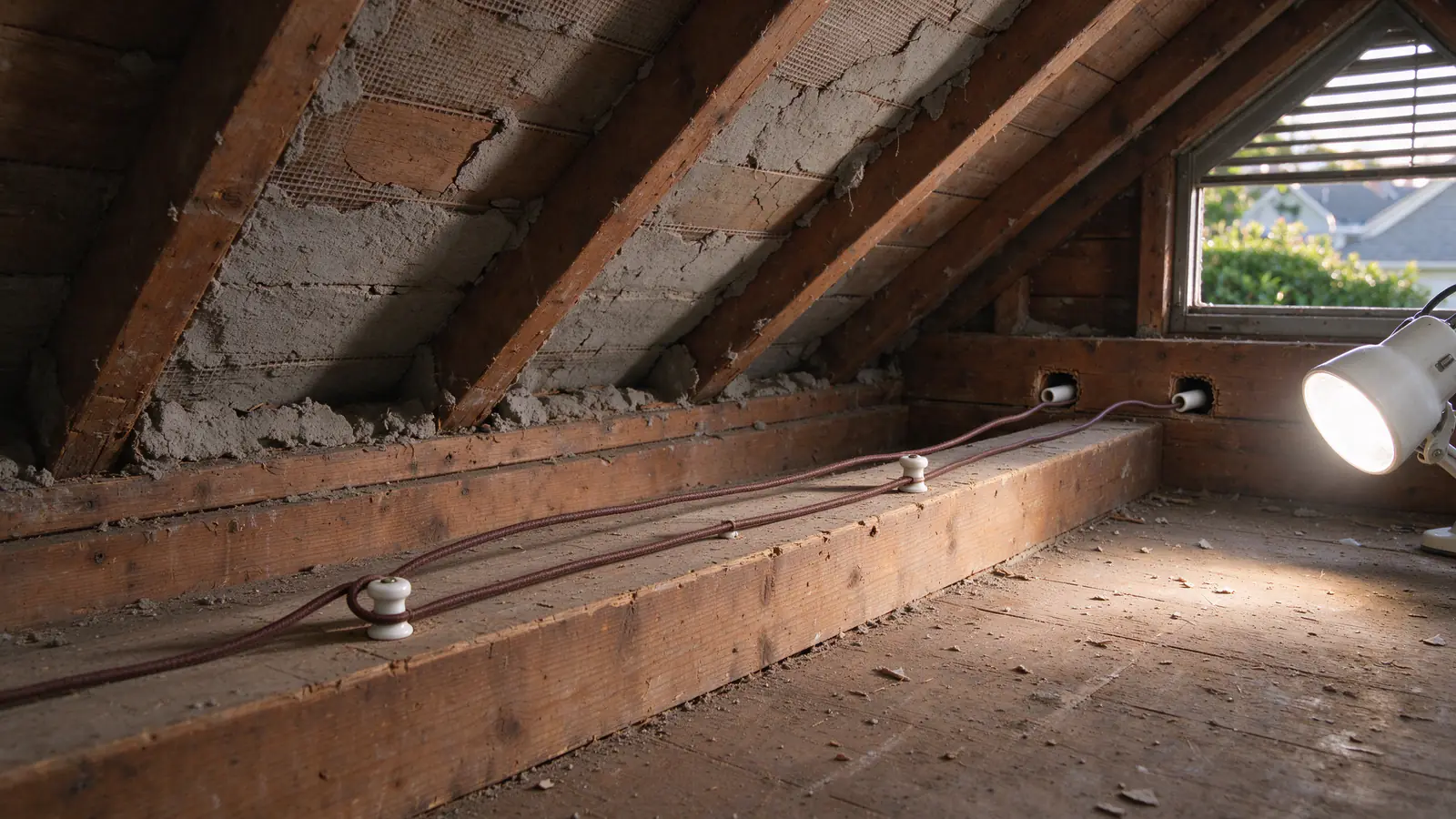 Knob and tube conductors on porcelain knobs along a beam in an attic with no insulation over the lath and plaster
