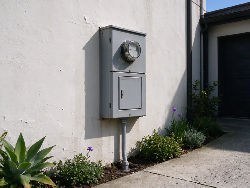 A new gray meter and main breaker enclosure with a round glass meter on the stucco side wall of a San Francisco house