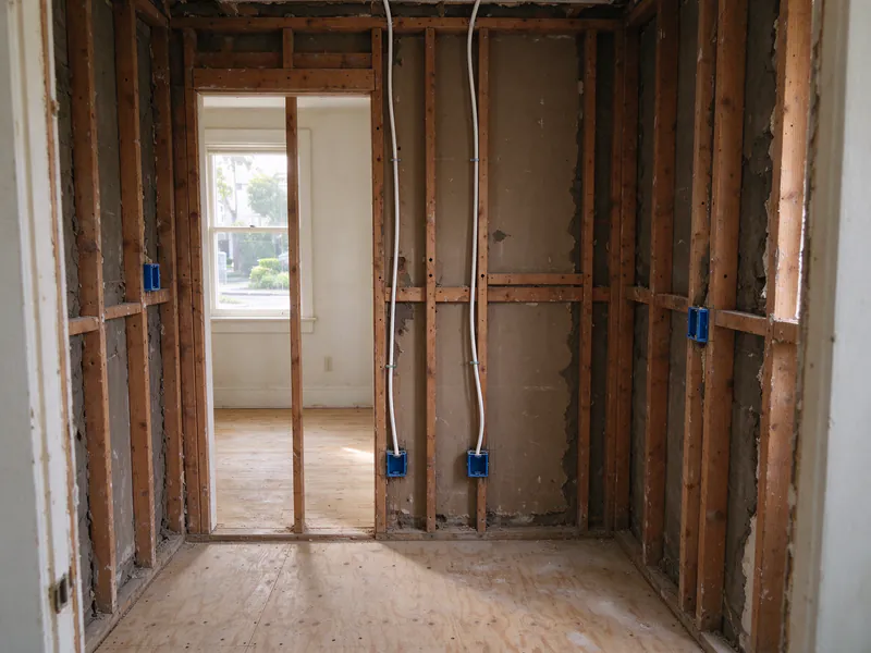 New white cables run through open studs to blue electrical boxes in a bathroom under remodel