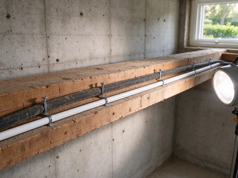 A new white grounded cable stapled beside an old cloth-sheathed cable on a basement joist