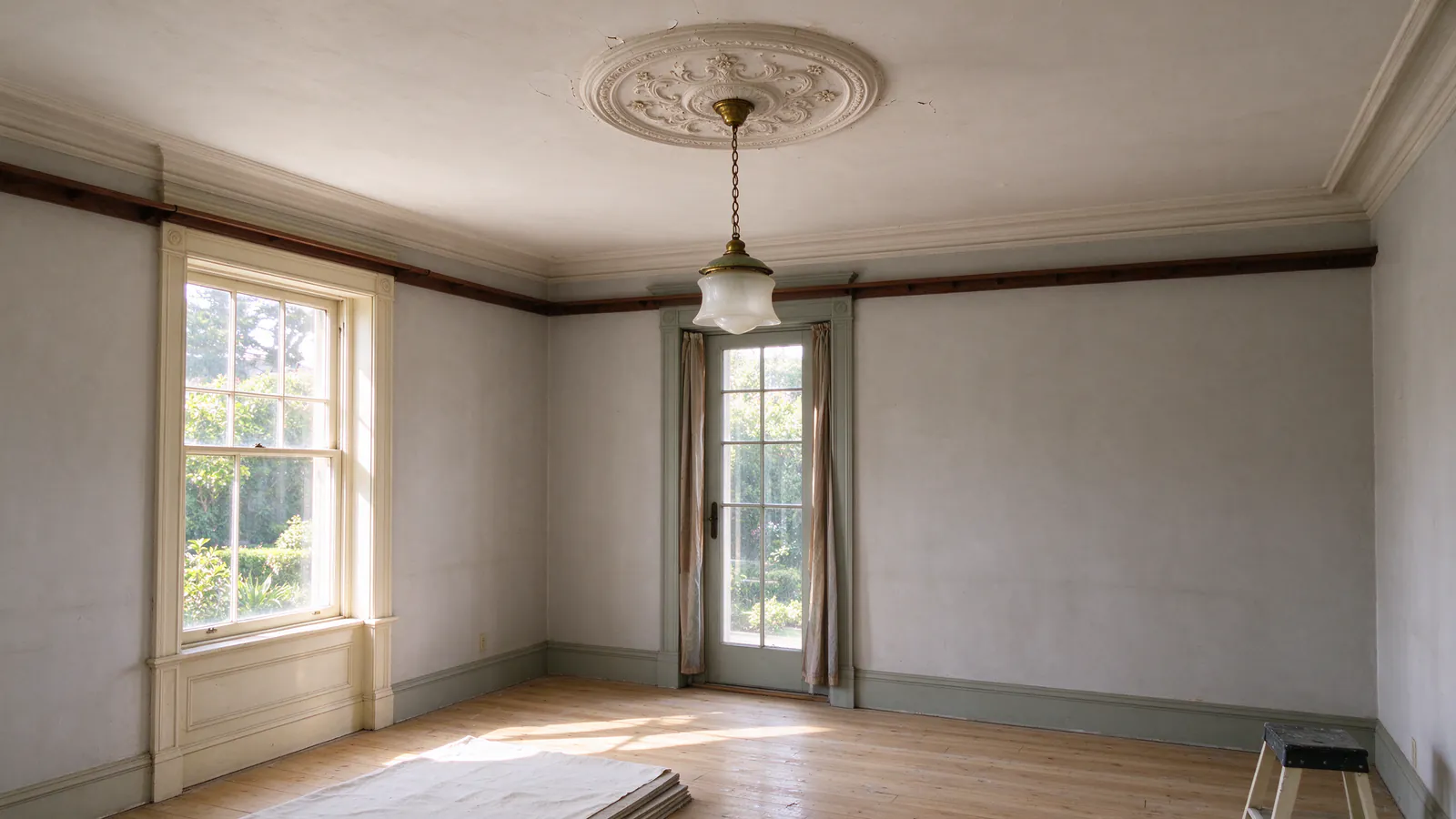 An old brass pendant light hanging from an ornate plaster ceiling medallion in a bright Victorian parlor
