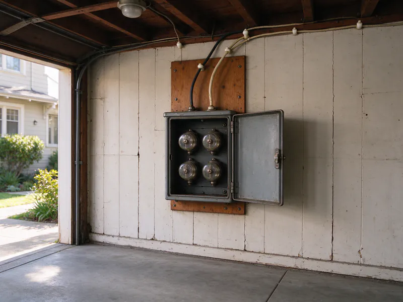 An old four-fuse box with its door open on a garage wall, cloth-covered wires running up to porcelain knobs