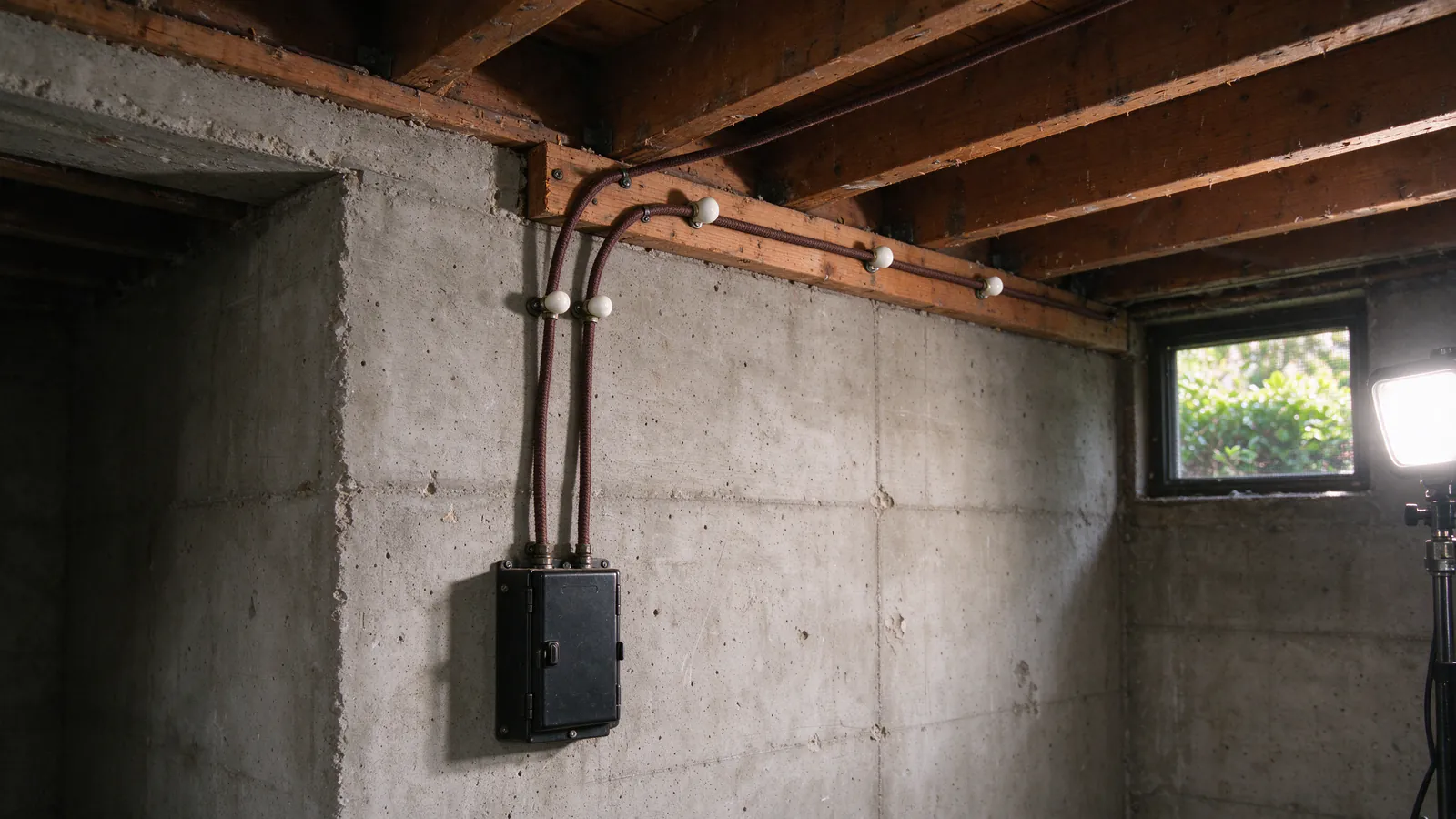 An old fuse box on a basement wall with cloth-covered wires on porcelain knobs running along the joists above
