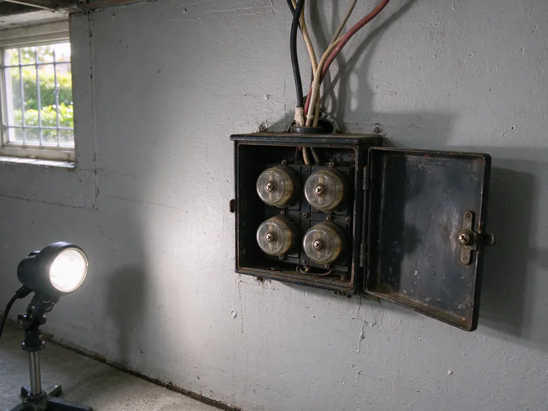 An old fuse box with four screw-in plug fuses on the wall of a San Francisco basement
