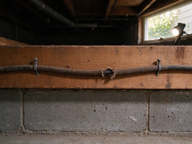An old round cloth-sheathed cable with a frayed woven jacket stapled along a basement joist