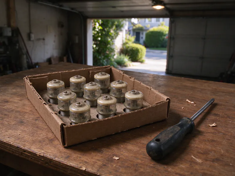 Old screw-in glass plug fuses removed from a fuse box, lying in a cardboard tray on a workbench