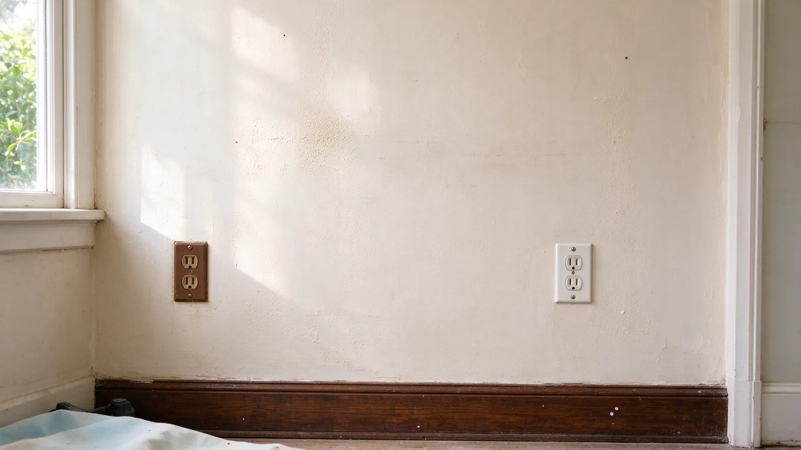 An older brown three-prong outlet and a newer white one a few feet apart on a plaster wall above a wood baseboard