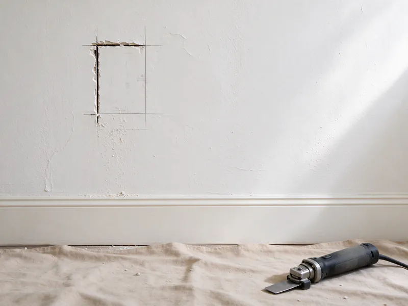A pencil-marked rectangle partly cut into a plaster wall at outlet height, with an oscillating tool on the drop cloth below