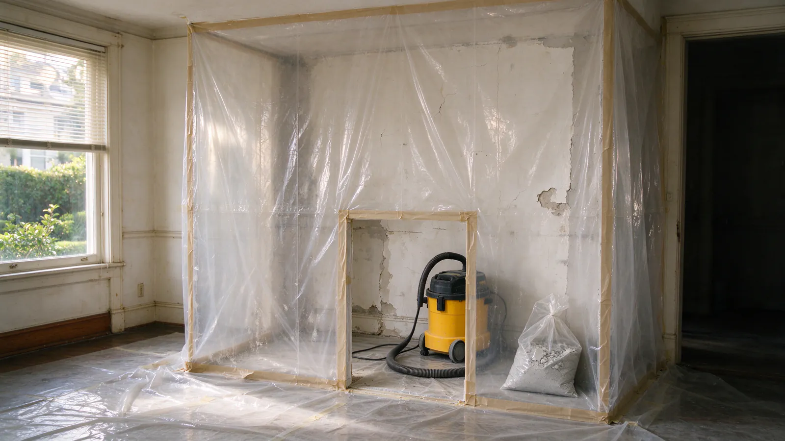 Plastic sheeting taped into an enclosure around an opened plaster wall, with a vacuum and a sealed bag of debris inside