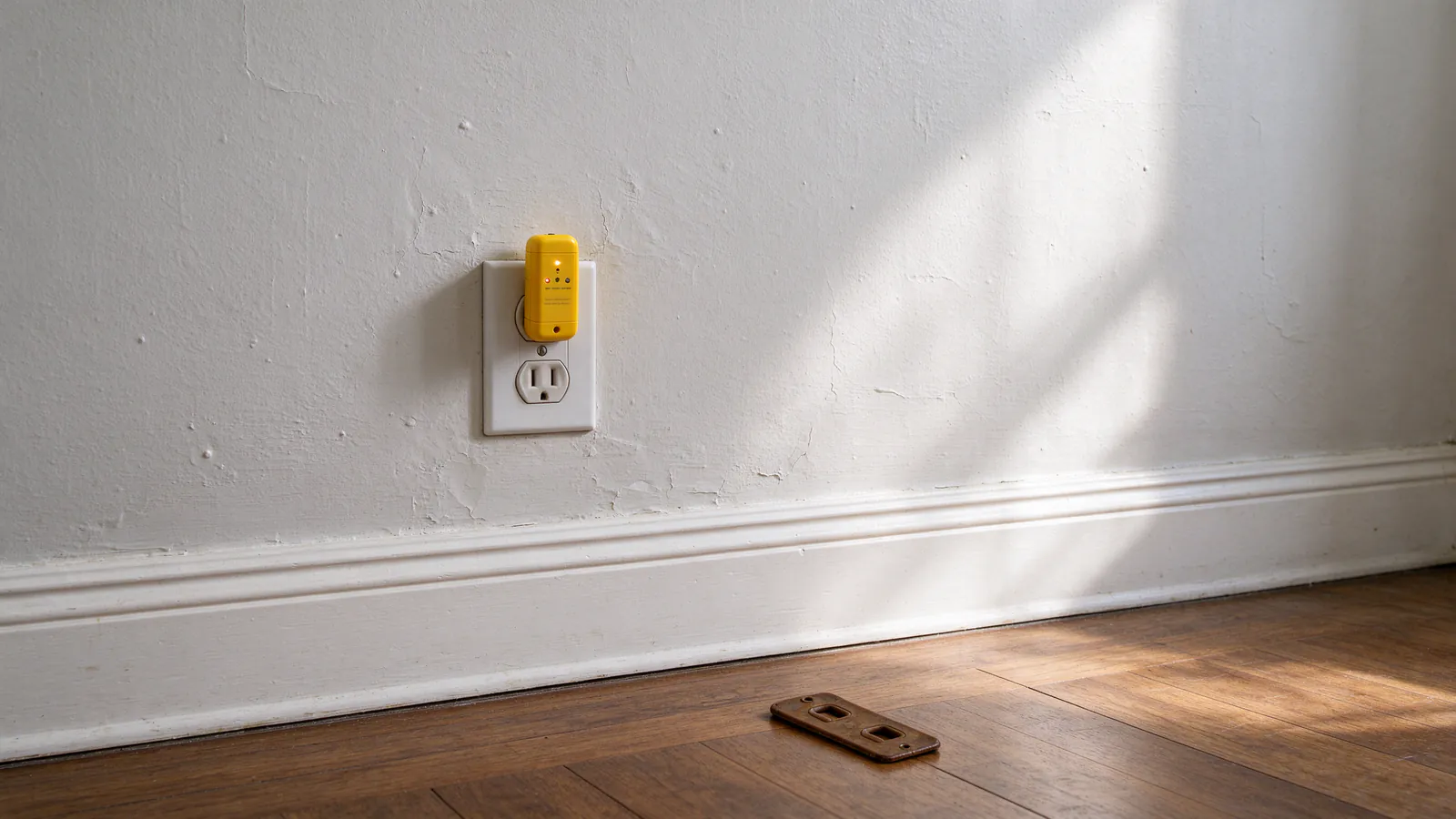 A plug-in outlet tester in a new three-prong receptacle on a plaster bedroom wall, with an old brown cover plate on the floor below