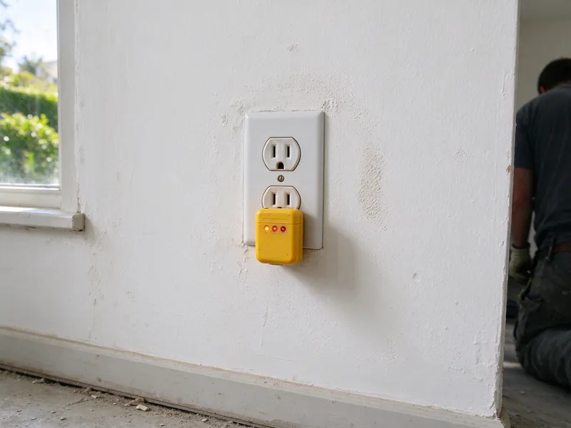 A plug-in receptacle tester with glowing indicator lights in a wall outlet of an older home