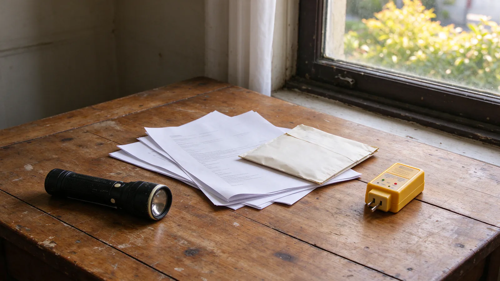 Printed building records and disclosure papers on a kitchen table beside a flashlight and a plug-in outlet tester