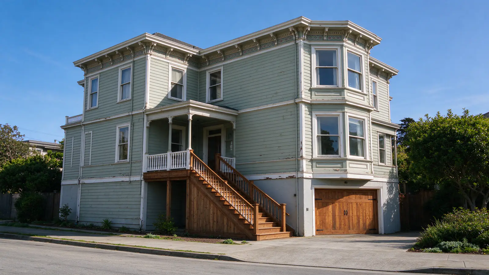 A raised two-story Oakland Victorian with a tall bay window and a long front stair over a garage-level basement