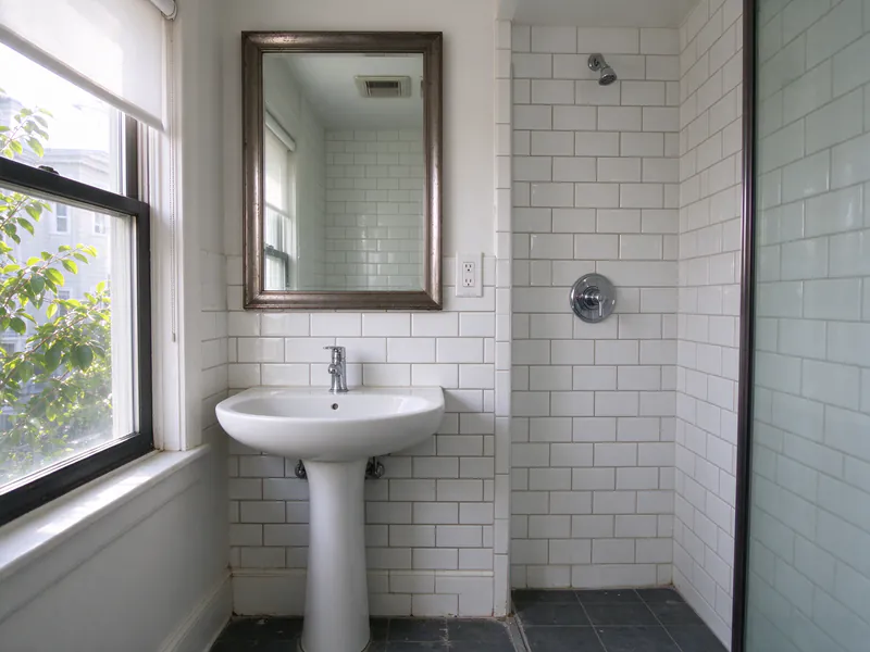 A receptacle beside the mirror of a small white-tiled bathroom in an older San Francisco flat