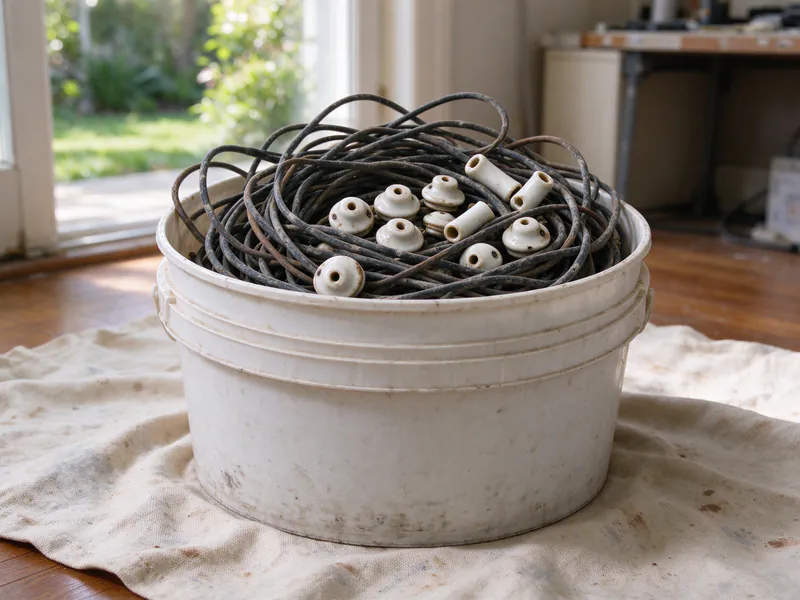 Removed cloth-covered wire and loose porcelain knobs collected in a bucket on a drop cloth