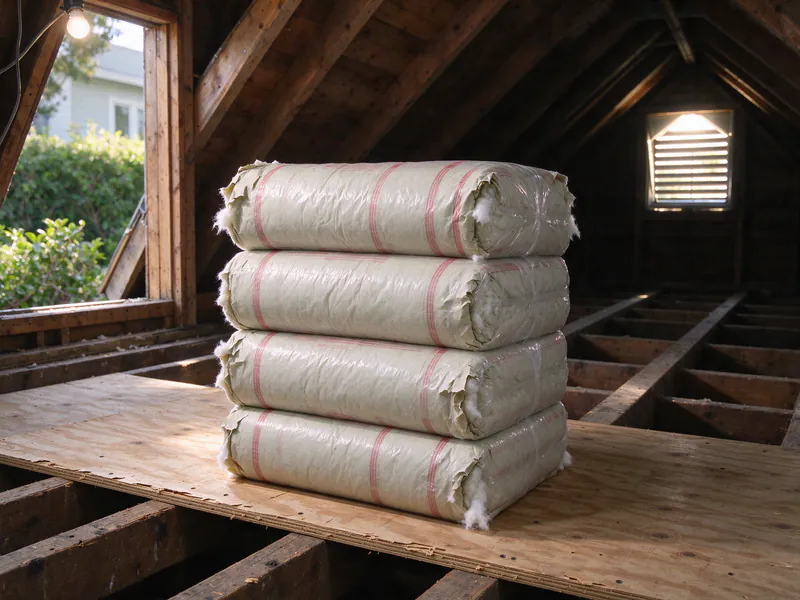Rolls of insulation stacked on plywood boards near the hatch of an older San Francisco attic