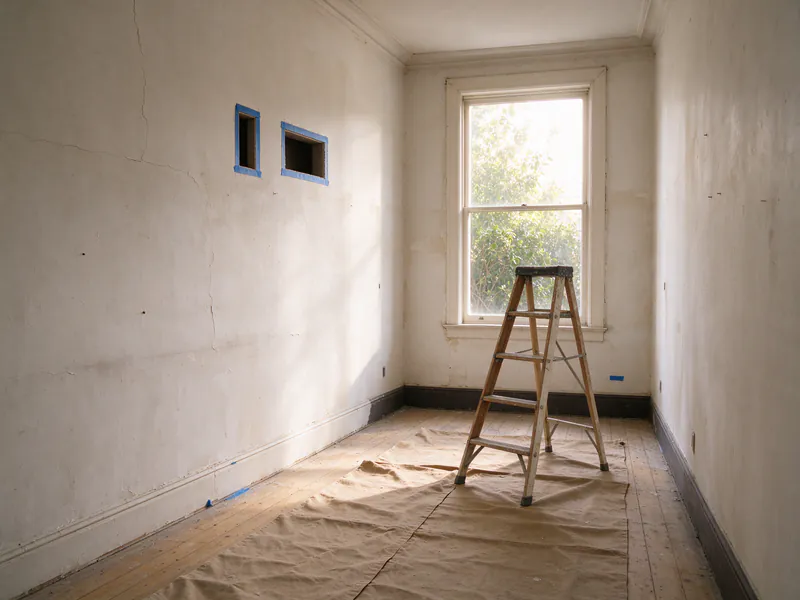 A room during rewiring with a drop cloth, a stepladder and two small taped openings high on a plaster wall