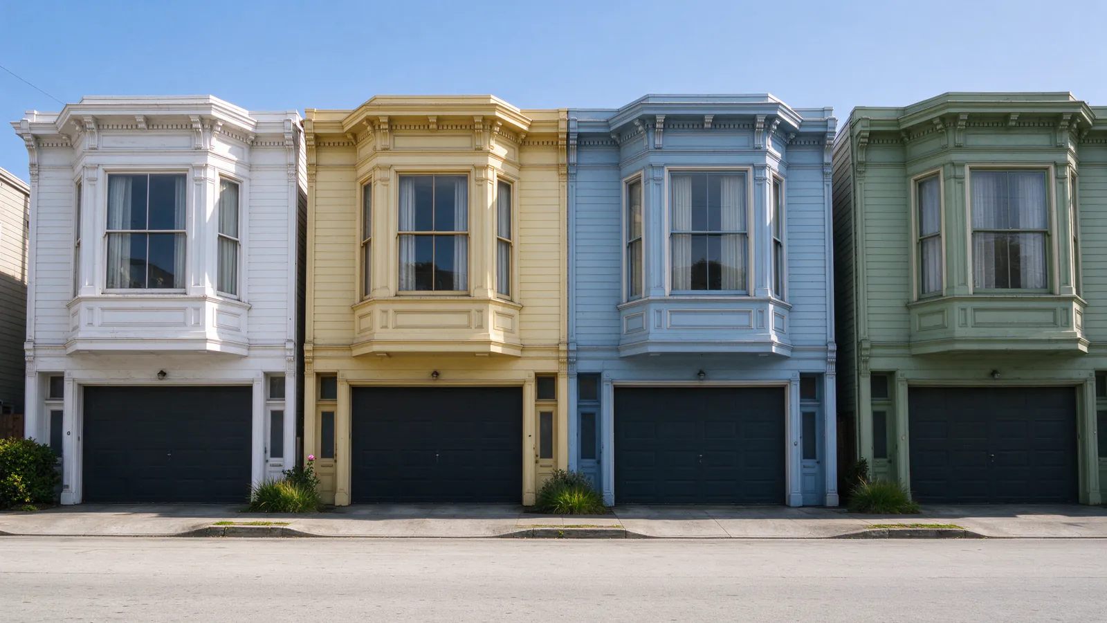 A row of attached Edwardian flat buildings with stacked bay windows over street-level garages on a sunny San Francisco street