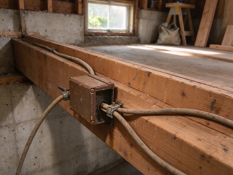 A rusted metal junction box on a basement joist with two old cloth-sheathed cables entering it