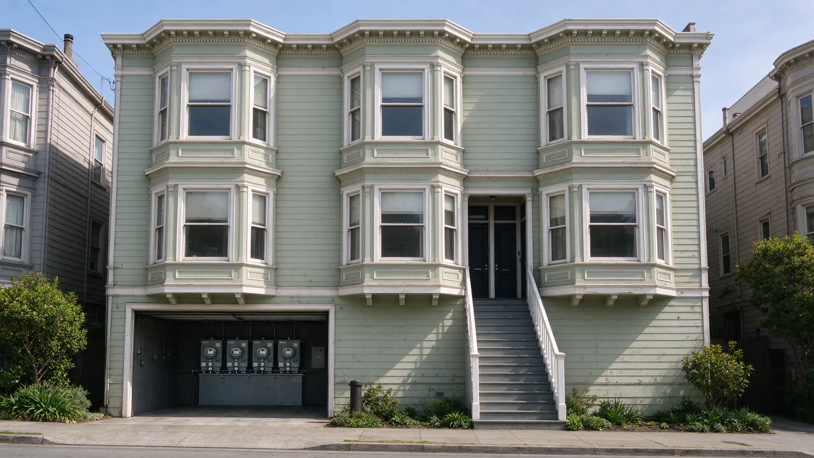 A San Francisco flat building with stacked bay windows and a shared front stair, its open garage showing a row of four electric meters