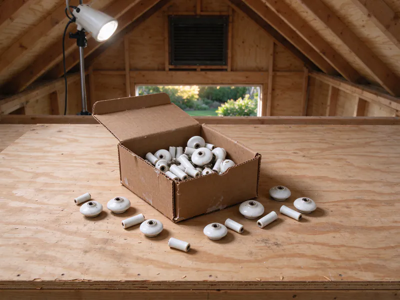 A small cardboard box of removed porcelain knobs and tubes on a plywood board in an attic