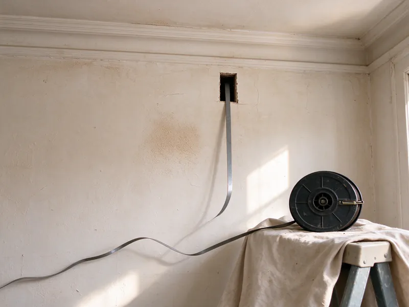 A steel fish tape running from its reel into a small opening near the top of a plaster wall