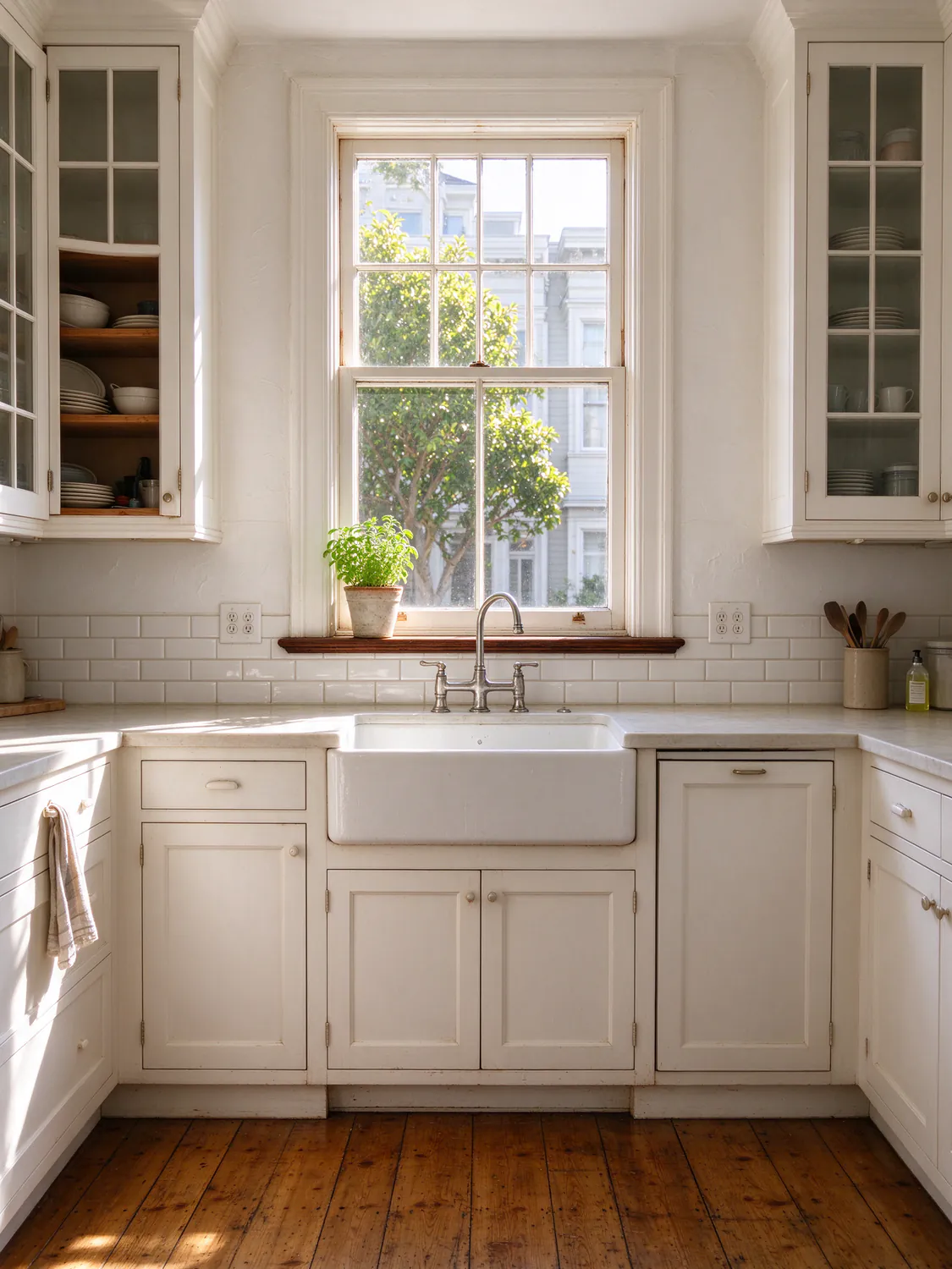 A sunlit Edwardian kitchen with white cabinets, a farmhouse sink and two outlets in the tile backsplash